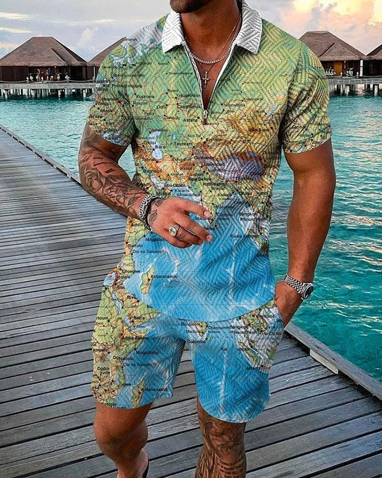 Summer New Trend Men's Tracksuit Casual Zipper Collar 3d Print Polo Shirt Suit 2 Pcs Set Colorful Streetwear Clothing Oversize