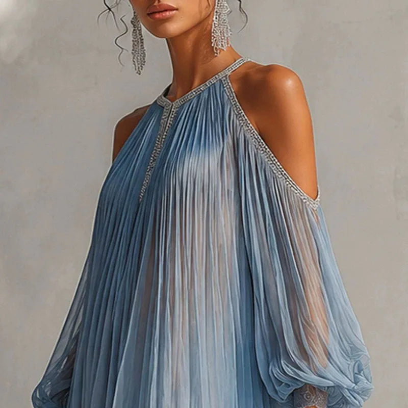 Elegant Trim Sheer Halter Mini Dress Off Shoulder Lantern Sleeve Pleated Mesh Ruffle Loose Short Dress Resort Guest Prom Dresses