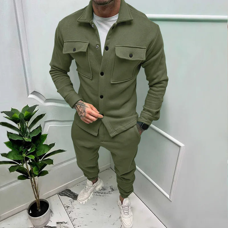 2023 Plus-size Fashion Suit Foreign Trade Trend Men's Fall Button Suede Casual Jacket Pants 2-piece Set  Clothes for Men