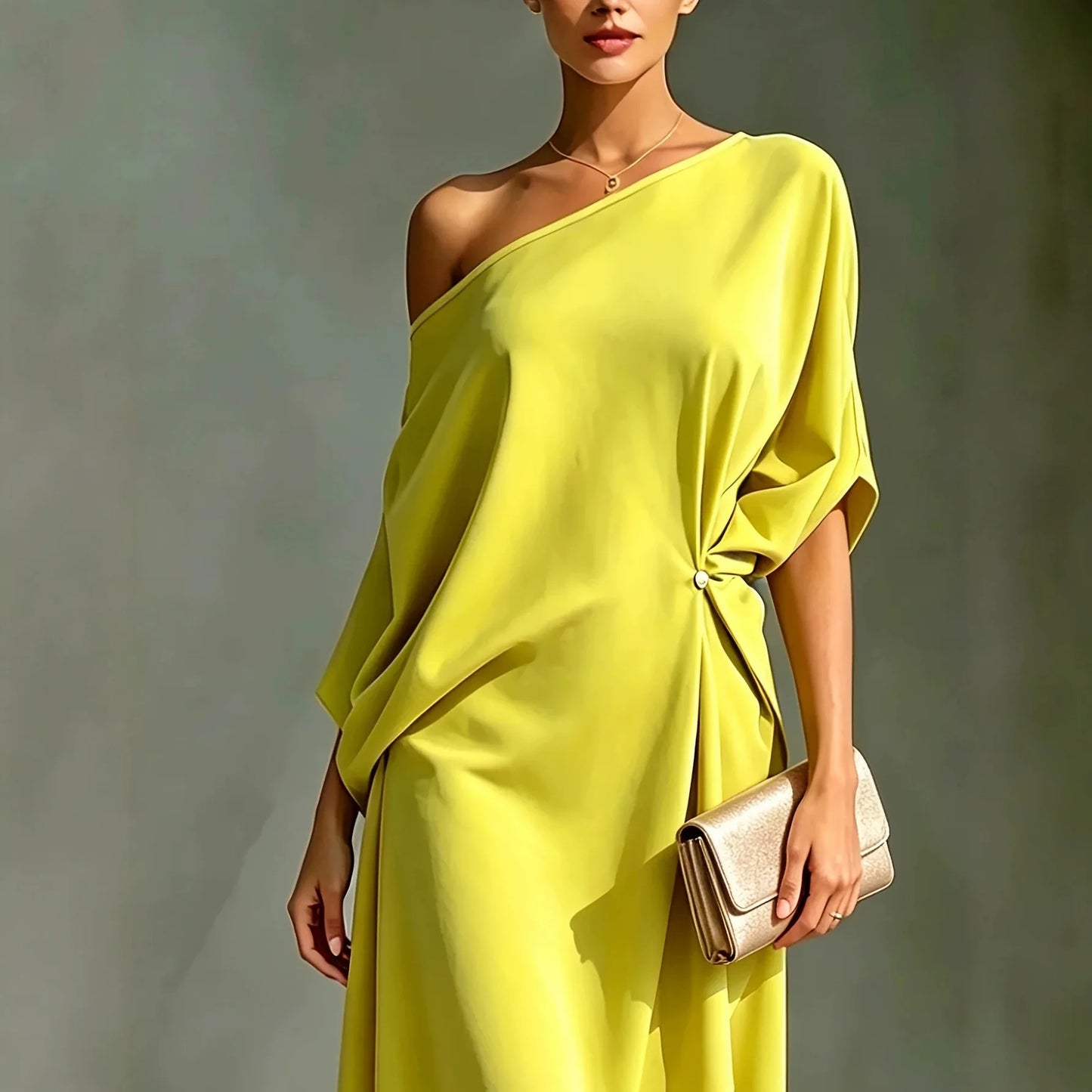 One Shoulder Midi Dress Asymmetrical Hem Waist Knot 3/4 Sleeve Draped Formal Evening Elegant Color Cocktail Dress for Women