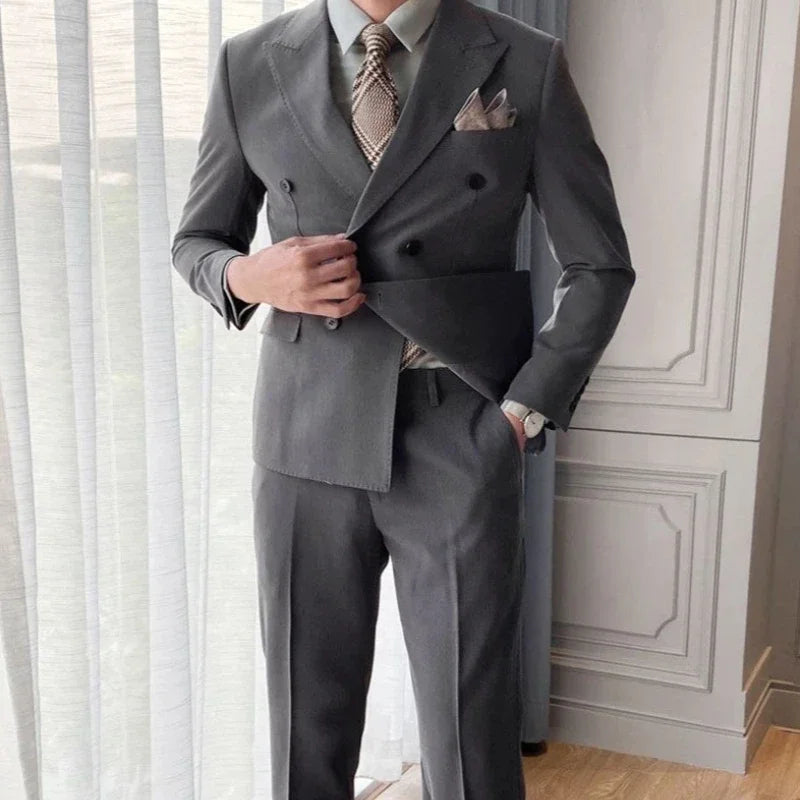 Casual Double Breasted Slim Fit 2 Piece Outfit Set Man Korean High Quality 2024 Full Suit for Men Clothes Gentleman Pants Blazer