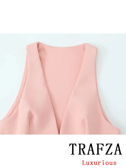 TRAFZA Vintage Chic Solid Women Suit V Neck Sleeveless Sashes Vest Blazer Straight Shorts New Fashion  Summer Office Sets