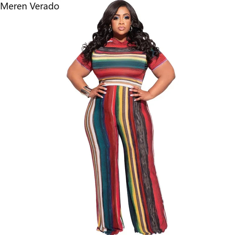 Meren Verado Plus Size Women Sweatsuit Striped Print Short Sleeve T-Shirt And Wide Leg Pants Matching Two 2 Piece Set Summer