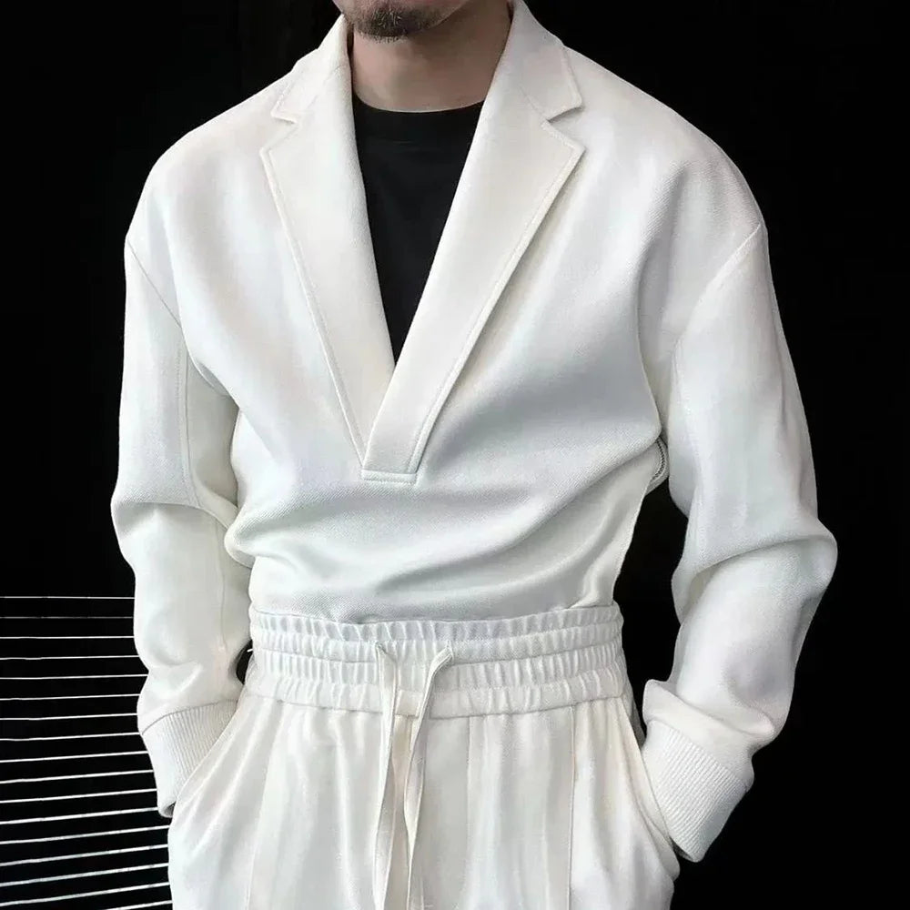 New Mens Casual Two-Piece Suit Spring Autumn Casual Double-Sided Zipper Suit Fashion Retro Solid Color V-Neck Loose Suit