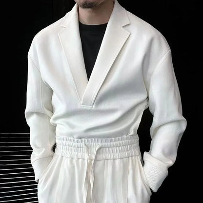 New Mens Casual Two-Piece Suit Spring Autumn Casual Double-Sided Zipper Suit Fashion Retro Solid Color V-Neck Loose Suit