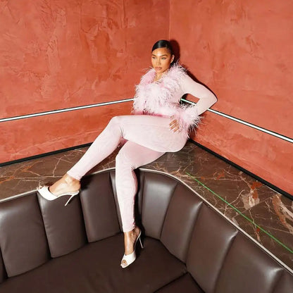 CM.YAYA Fashion Mesh See Though Women's Set Feather Side Long Sleeve Crop Top and Legging Pants  Sexy Two 2Piece Sets Outfit