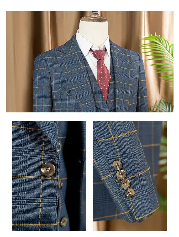 ST Cassy Hochwertiger 3-teiliger karierter Anzug für Herren, stilvolles Business-Büro-Hochzeits-Formelles-Outfit, eleganter Herrenanzug