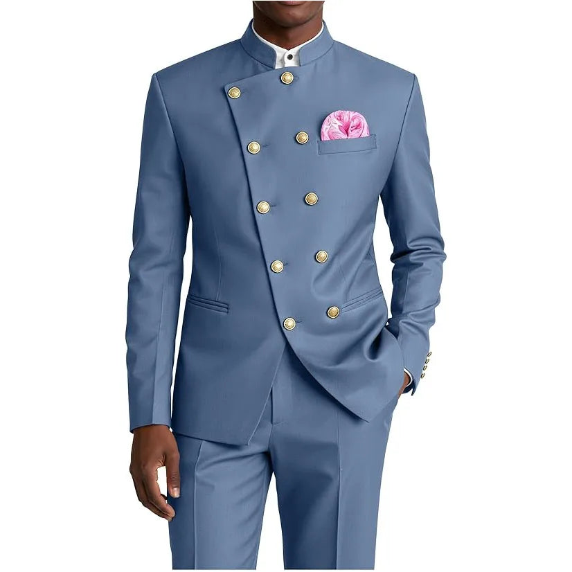 Men's Business Casual Suit 2 Piece Brown Mandarin Collar Double Breasted With Gold Buttons