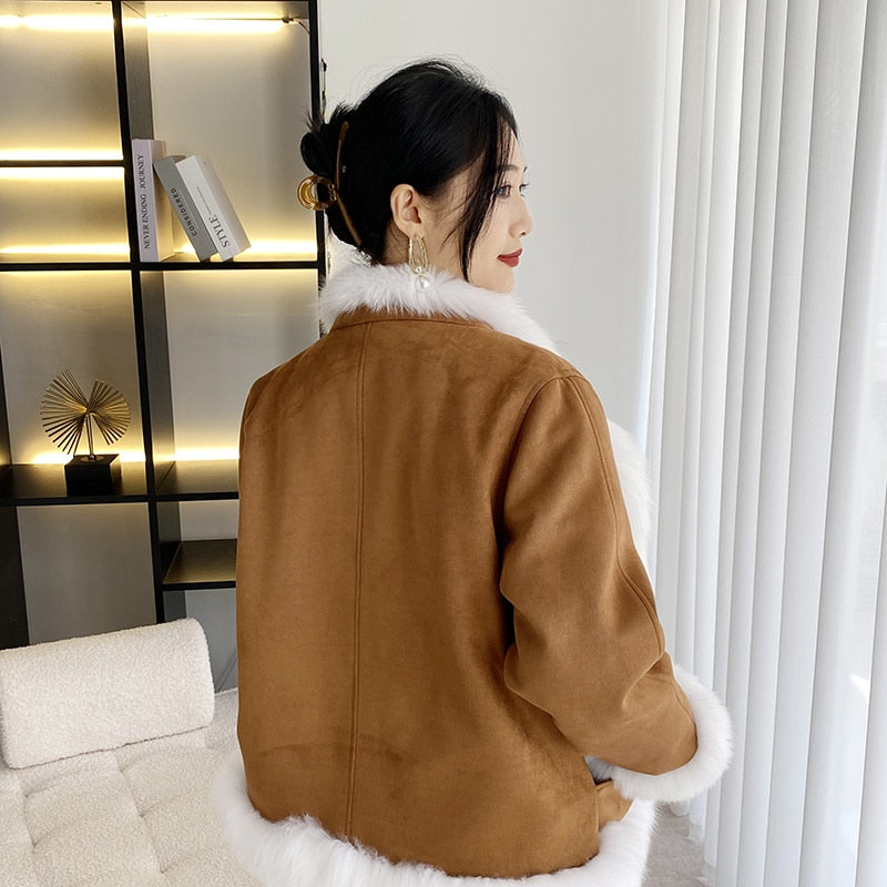 2023 New Fox Fur Collar Fur Coat Female Chamois Leather Korean Version Inner Coat Goose Down Down Coat Winter Top