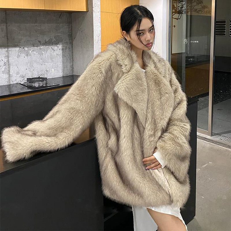 Faux Fox Fur Coat Women 2022 New Winter Warm Cardigan Jacket Lambswool Mid-Length Lapel Loose Plush Coat Oversized Teddy Jacket