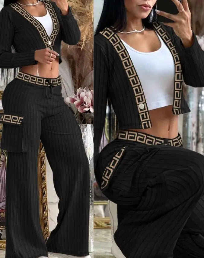 Women's Spring Summer New Fashionable Solid Color Printed Sexy Waist Short Top Casual Pants Set For Women