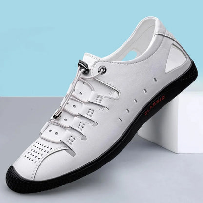Genuine Leather Summer White Lace Up Hollow Sandals Roman Style Designer Shoes Luxury Brand Breathable Beach Men Shoes Mocassins