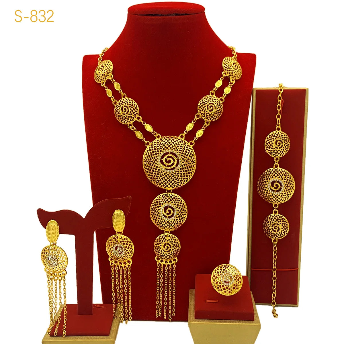 Unique Fashion Diamond-Set Jewelry Set Necklace Earrings Bracelet Ring Women's 24K Gold AU999 - Shiny diamonds, trendy set