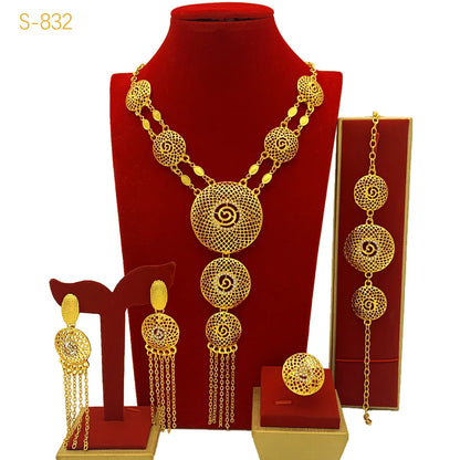 Unique Fashion Diamond-Set Jewelry Set Necklace Earrings Bracelet Ring Women's 24K Gold AU999 - Shiny diamonds, trendy set