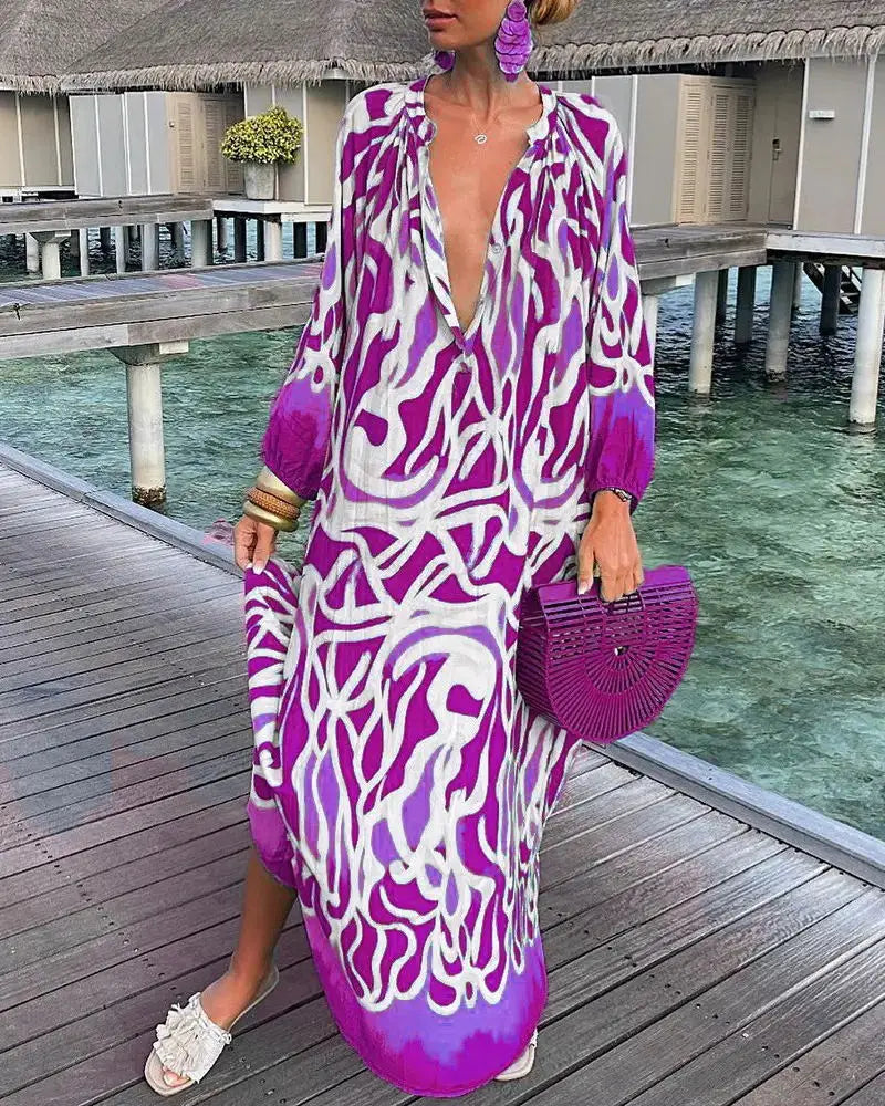 Elegant Women's Dresses 2024 Summer Casual Fashion Print V-Neck Loose Retro Comfortable Maxi Dress Female Robe Vestidos S-3XL