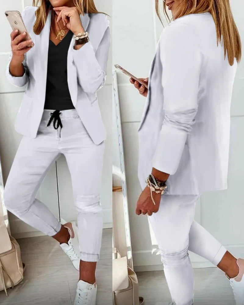 Women's Monochrome Casual Business Suit Temperament Commuting Pants Drawstring Elastic Waist Fashion Slit Suit Two-piece Set