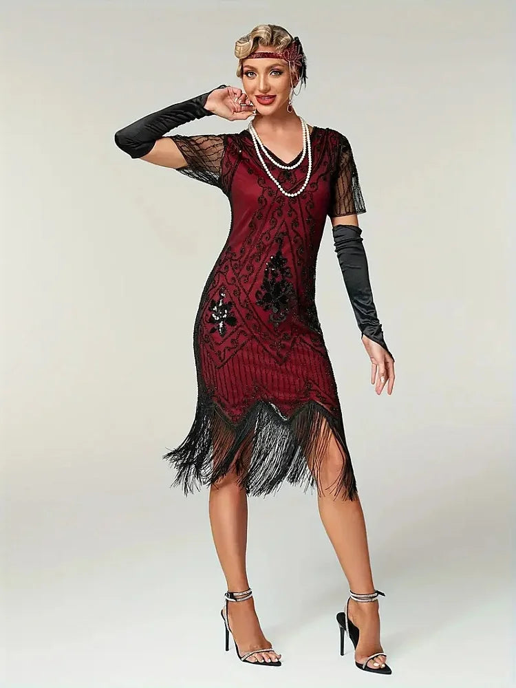 Embellished Beaded Sequin Dress Robe Vestidos Women 1920s Flapper Dress Vintage V Neck Butterfly Sleeve Long Great Gatsby Dress