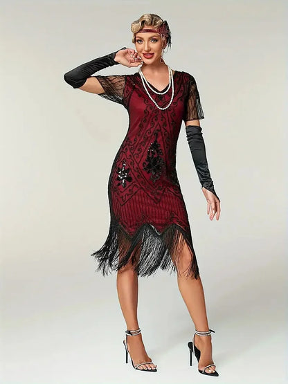 Embellished Beaded Sequin Dress Robe Vestidos Women 1920s Flapper Dress Vintage V Neck Butterfly Sleeve Long Great Gatsby Dress