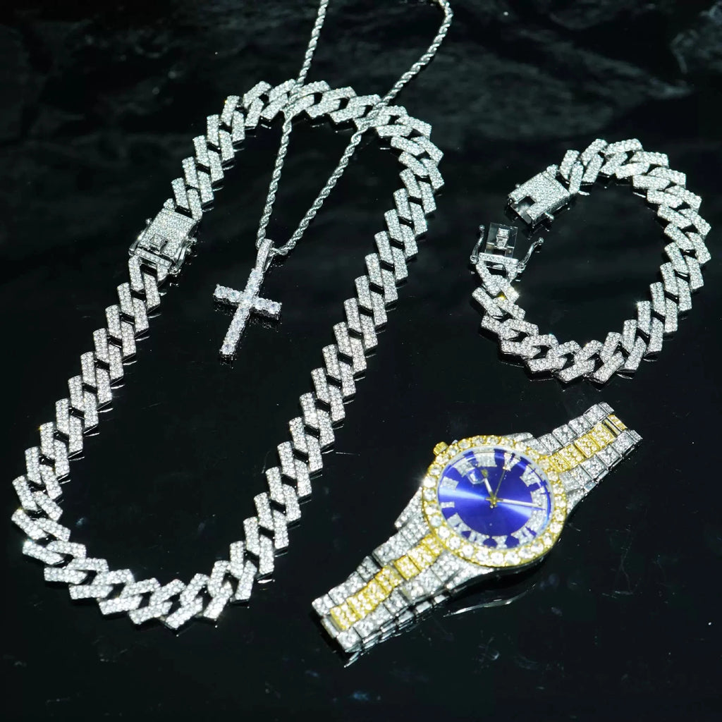 4pcs/set Mens Bling Wrist Watch & Hip Hop Cuban Chain Necklace Set - Rhinestone Accented, Round Dial, Electronic Quartz Movement