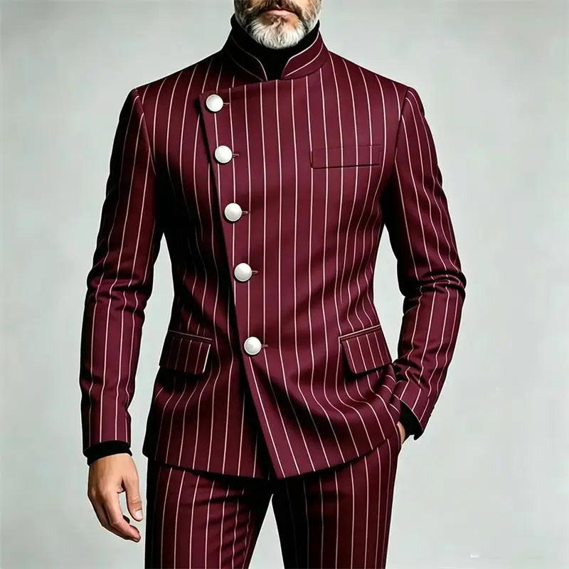 Men's Pinstripe Business Suits Single Breasted Stand Collar Slim Fit Suit Jacket Pants 2 Pieces Formal Tuxedo for Wedding Party