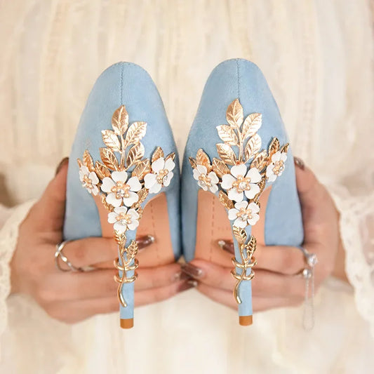 High End Metal Flower High Heels New European American Fashion Luxury Sexy Pointed Women's Shoes Banquet Party Casual Shoes