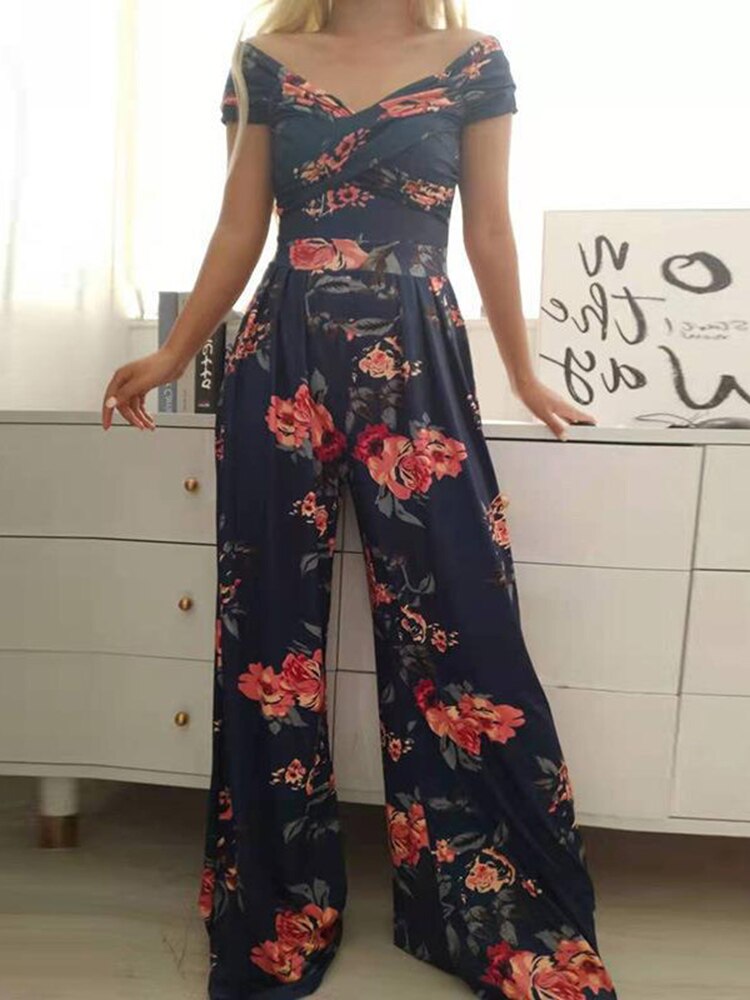 Sexy Outfit Off Shoulder Print Wide Leg Jumpsuit Women 2023 Summer Casual Boho Casual High Waist Jumpsuits Clothes Overalls