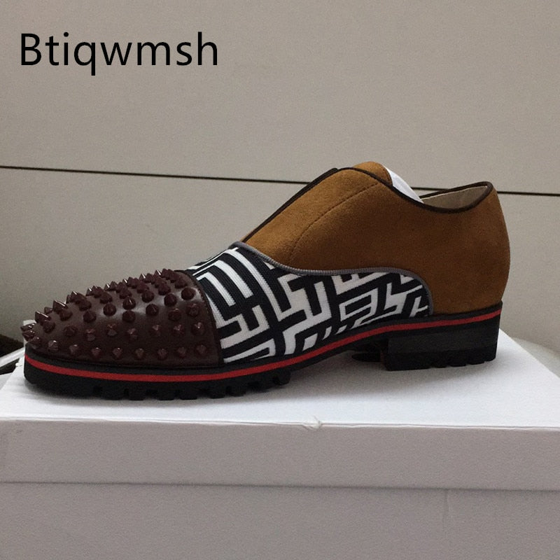 Brown British Style Shoes Men Round Toe  Mixed Color Real Leather Patchwork Low Heels Shoes Male Fashion Loafer Shoes