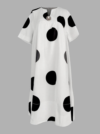Modigirl Women Midi Shirts Dress  Summer Short Sleeves Black and White Polka Dot Daily Casual Simple Female A-line Dresses