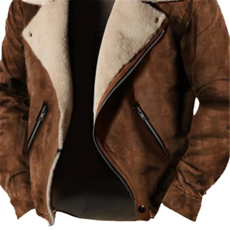 Winter Men's Fleece Jacket Casual Solid Thick Warm Loose Outwear Streetwear Male Turn Down Collar Zippers Coats Outdoor Jacket