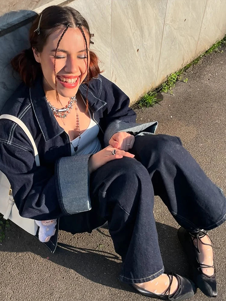 Fashion Denim Jacket Set Women Lapel Single Breasted Long Sleeve Coat Straight Jeans Pants 2025 Spring Lady  High Street Outfits