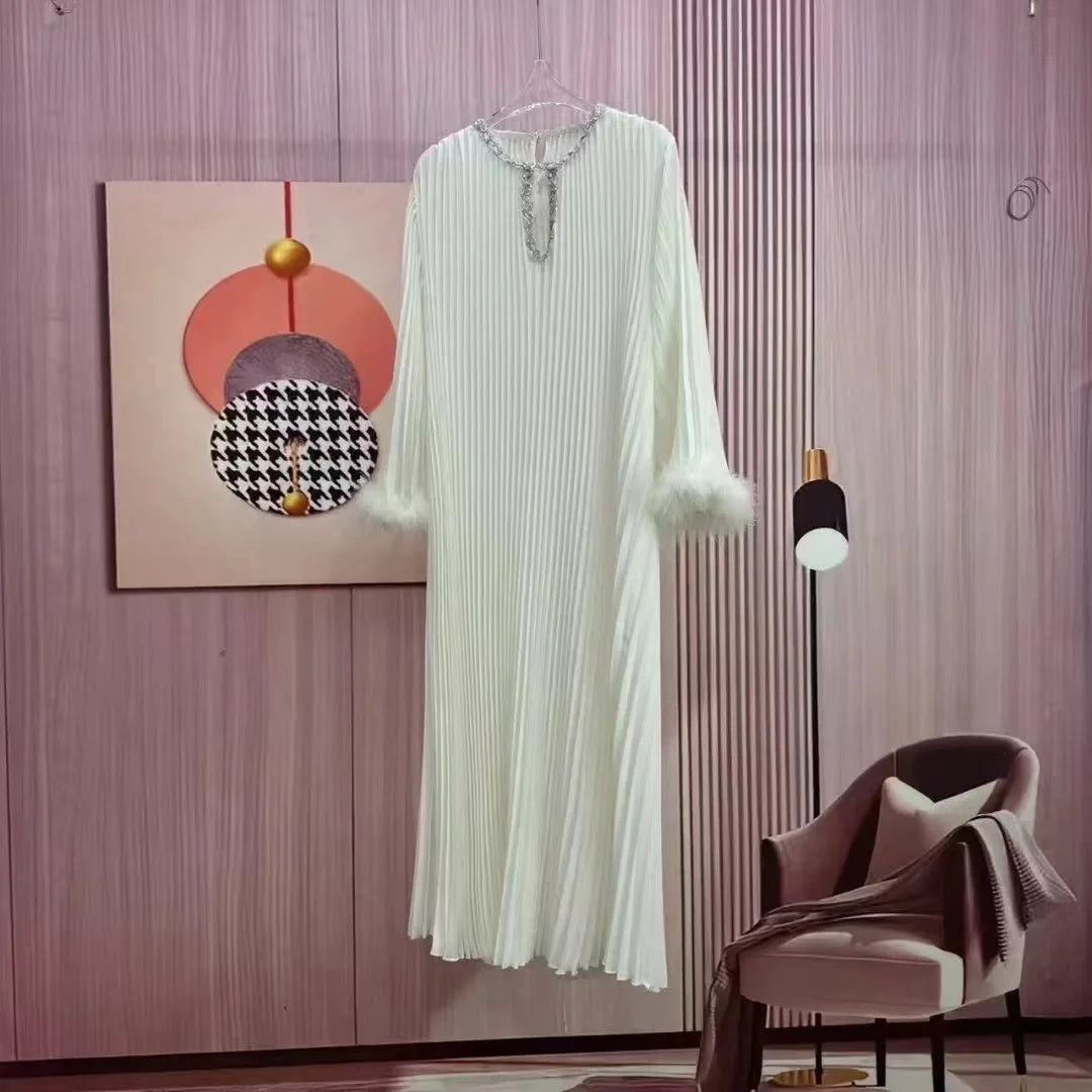 Pleated Ruffles Long Dresses Women Full Sleeve Round Collar A Line Lace-up Solid Color New 2024 Female Dress