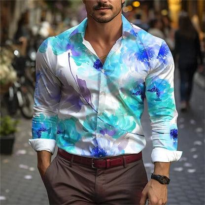 New men's casual 3D printed leaf print shirt for daily wear, spring lapel long sleeved button up shirt S-6XL plus size