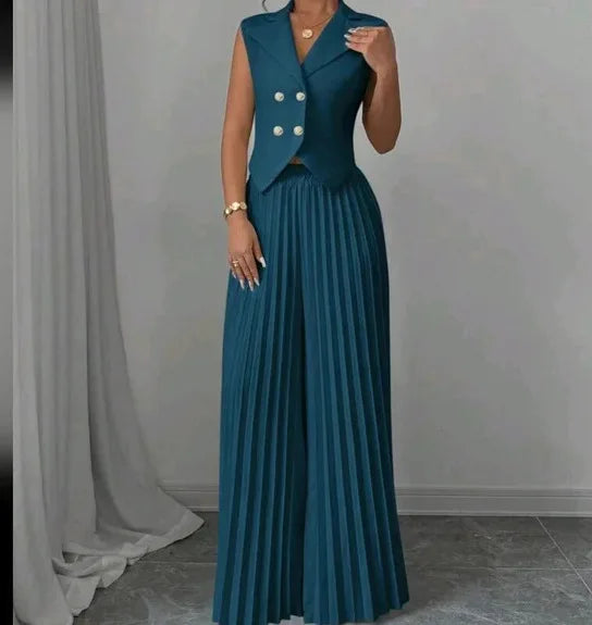Summer Women's Fashionable Casual Lapel Suit Elegant Commuting Solid Color Sleeveless Top + Trousers Sexy Two-piece Set