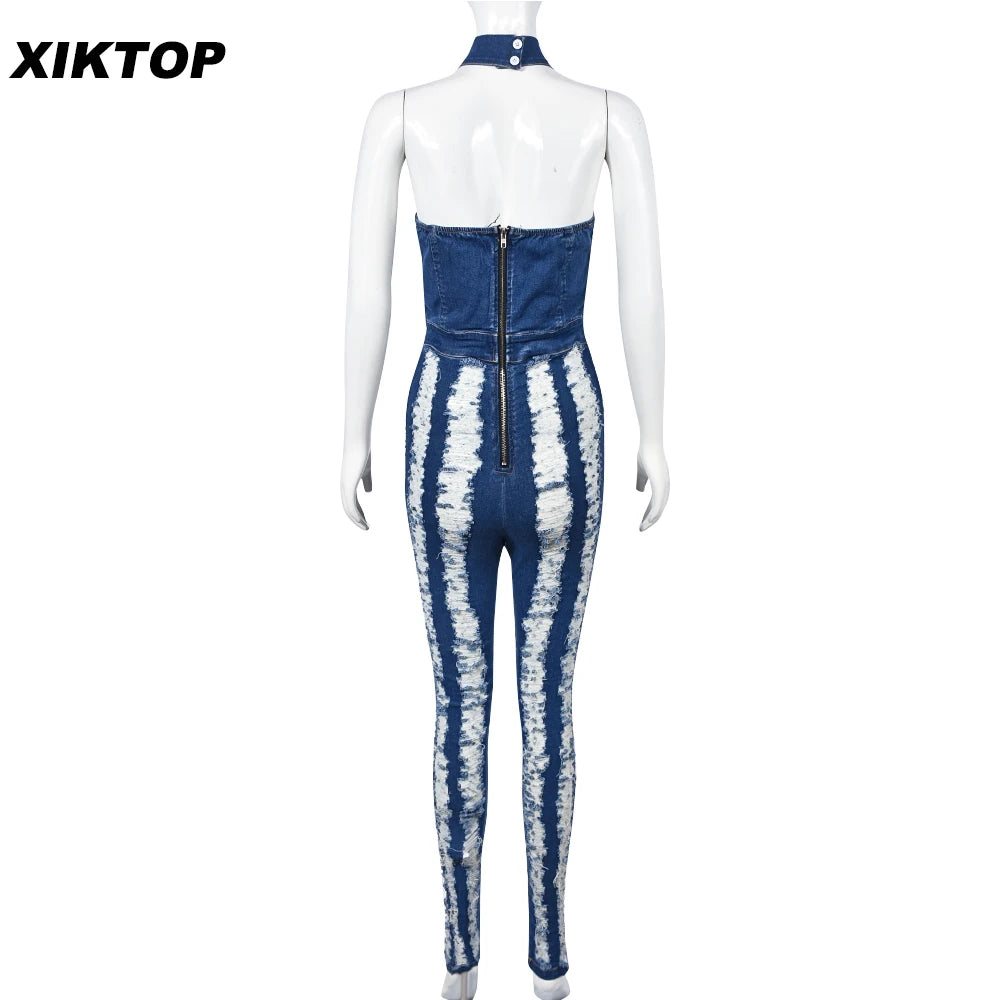 Xiktop Cutting Tassel High Stretch Denim Jumpsuits Women Sexy Neck-Mounted Partywear Backless Cut Out Zipper Bodycon Playsuit