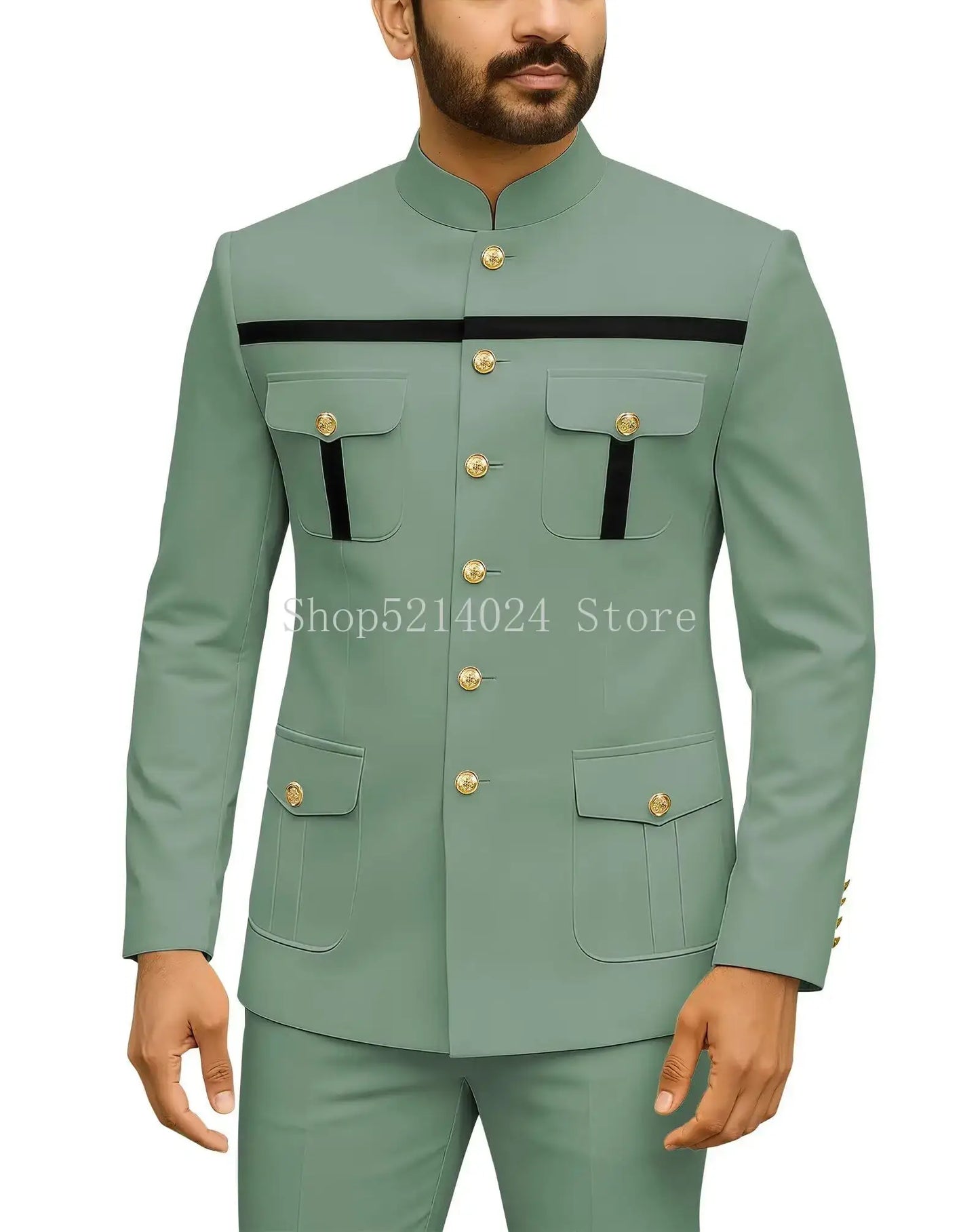 Herren Safari-Anzug 2-teilig Regular Fit Chinakragen Goldknopf Blazer Hose Set Afrikanische Outfits