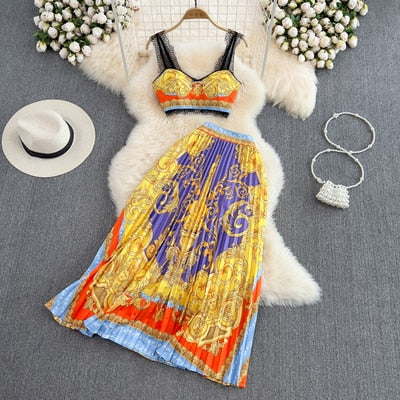 Gold 2023 Summer Fashion Designs Skirts Sets Women Outfits Indie Folk Print Sexy Two Pieces Lace Cropped Top Pleated Skirt Suit