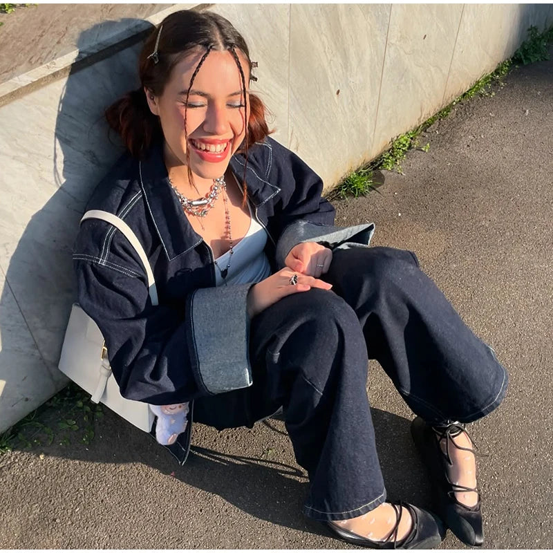 Fashion Denim Jacket Set Women Lapel Single Breasted Long Sleeve Coat Straight Jeans Pants 2025 Spring Lady  High Street Outfits