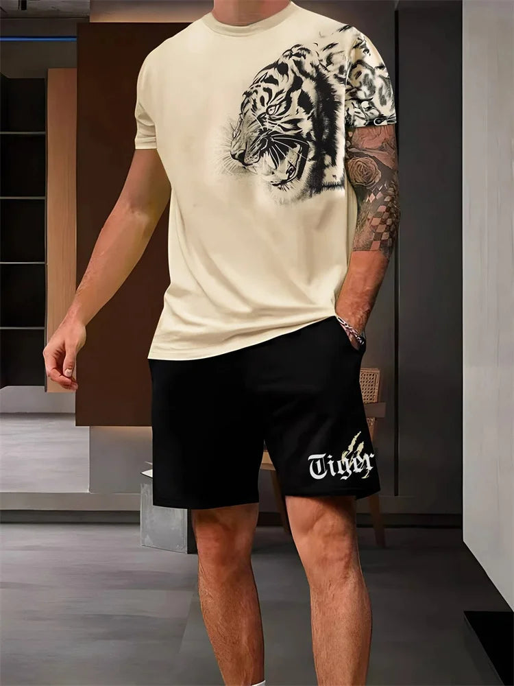 2024 Neu Rundhals Kurzarm T-Shirt Mode Shorts Set 3D Löwen Print Kurzarm Shorts 2-teiliges Herren Sommer Sport Set