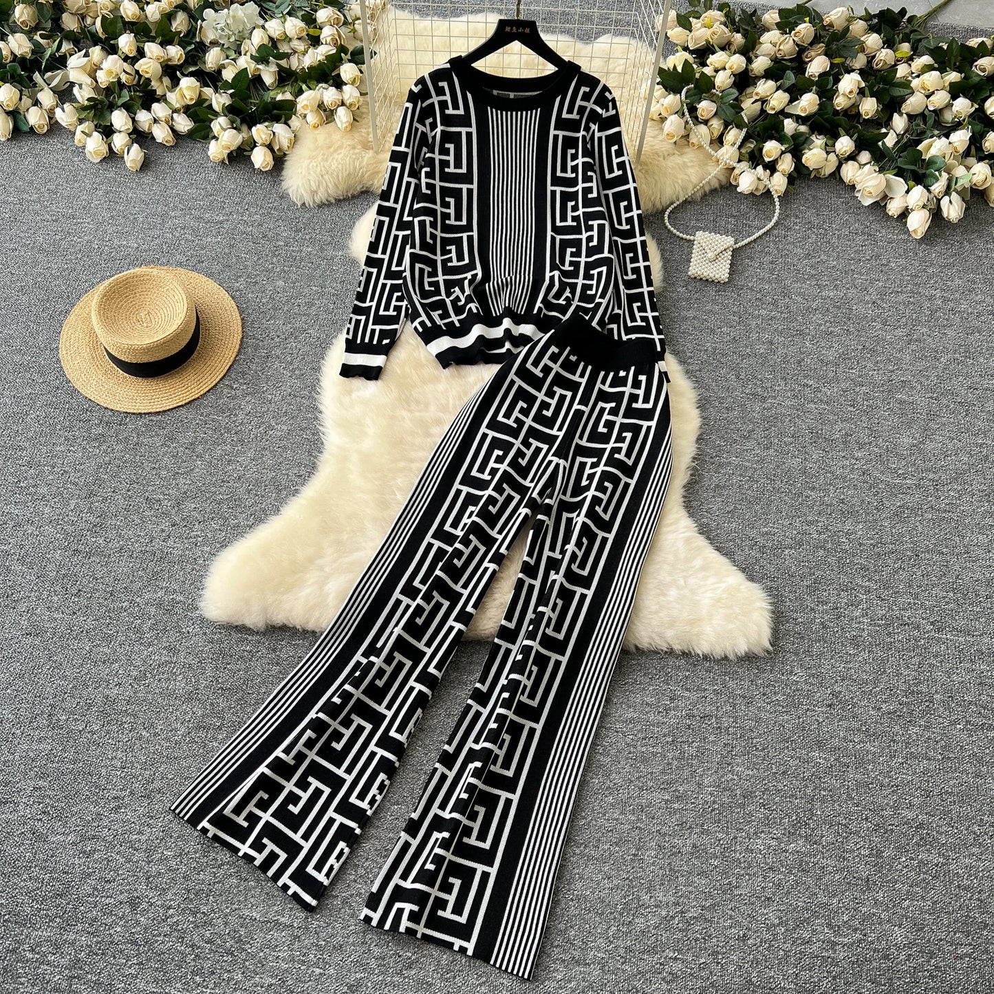 SINGREINY Geometric Maze Print Two Pieces Suits Autumn Winter O Neck Sweater+Long Pants Women Casual Fashion Knitting 2pcs Sets