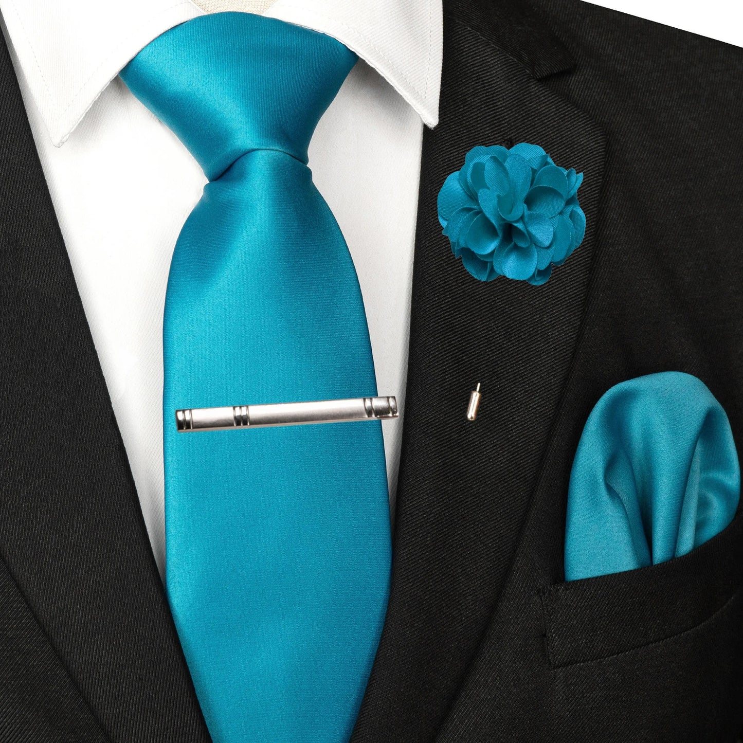 Mens Colors Solid Tie and Lapel Pin Necktie Pocket Square and Tie Clip Sets for Business Casual 4PCS