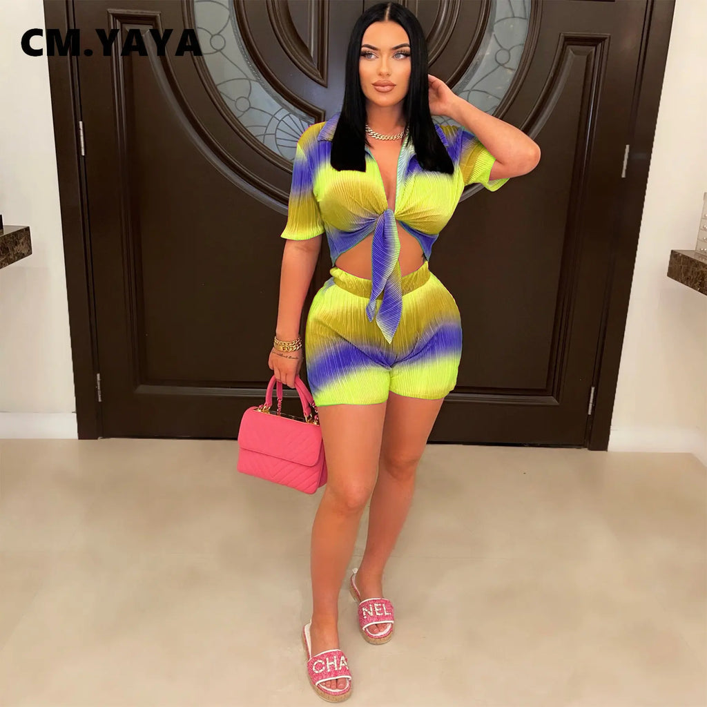 CM.YAYA Gradient Print Pleated Women Set Short Sleeve Bowknot Hem Shirt and Shorts 2023 Summer Two 2 Piece Set Outfit Tracksuit