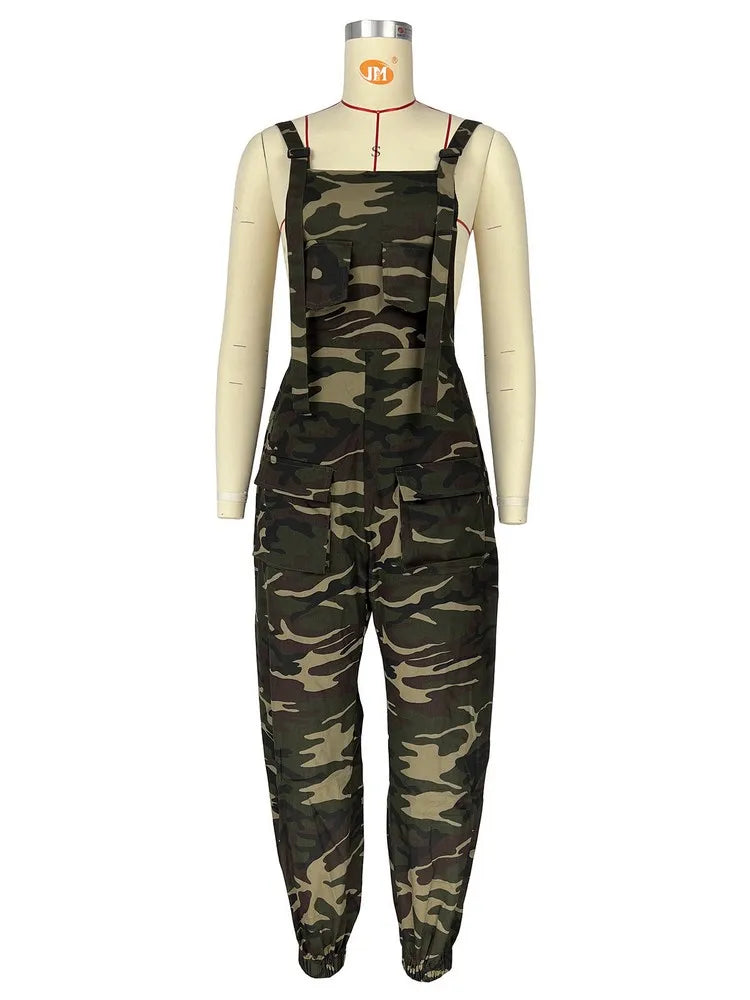 Military Camouflage Print Baggy Cargo Jumpsuit for Women 2023 Casual Spaghetti Strap Sleeveless Multi-pockets Loose Fit Bodysuit