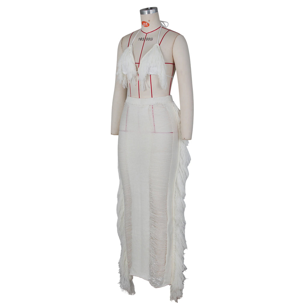 JRRY Sexy Women Knitted Set Halter Backless Crop Top Tassel Skirt Crochet Two Pieces Set Hollow Out Crocheted Beach Dress Set
