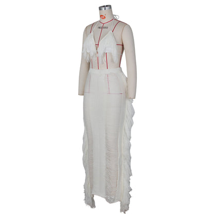 JRRY Sexy Women Knitted Set Halter Backless Crop Top Tassel Skirt Crochet Two Pieces Set Hollow Out Crocheted Beach Dress Set