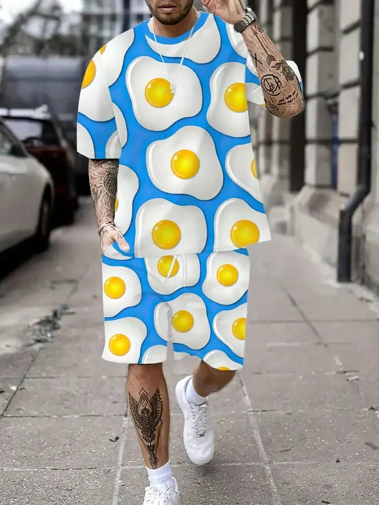 Herren Sommer Kurzarm-Set Hip-Hop Cartoon Bären-Print Kurzarm-Oberteil Shorts Lässiger Zweiteiler Outdoor Urban Street Fashion