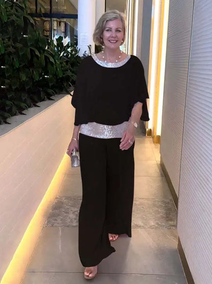 Spring Autumn Women's Clothing New Set Round Neck Fashion Glitter Color Blocked Bat Shirt Wide Leg Pants Set For Women