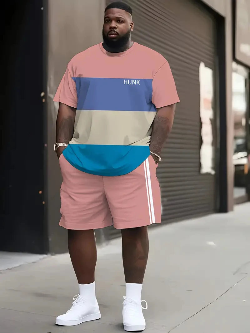 Denim Graphic T-shirt And Shorts 2-piece Set 2025 Plus Size Men's Clothing Casual Loose Drawstring Waist Shorts Short Sleeve Top