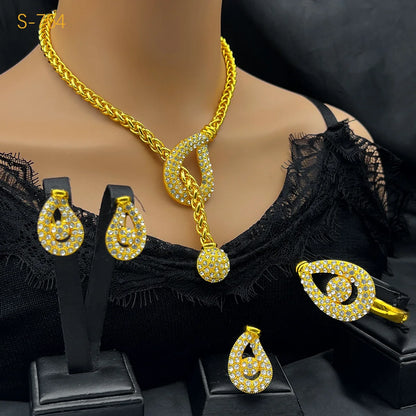 Unique Fashion Diamond-Set Jewelry Set Necklace Earrings Bracelet Ring Women's 24K Gold AU999 - Shiny diamonds, trendy set