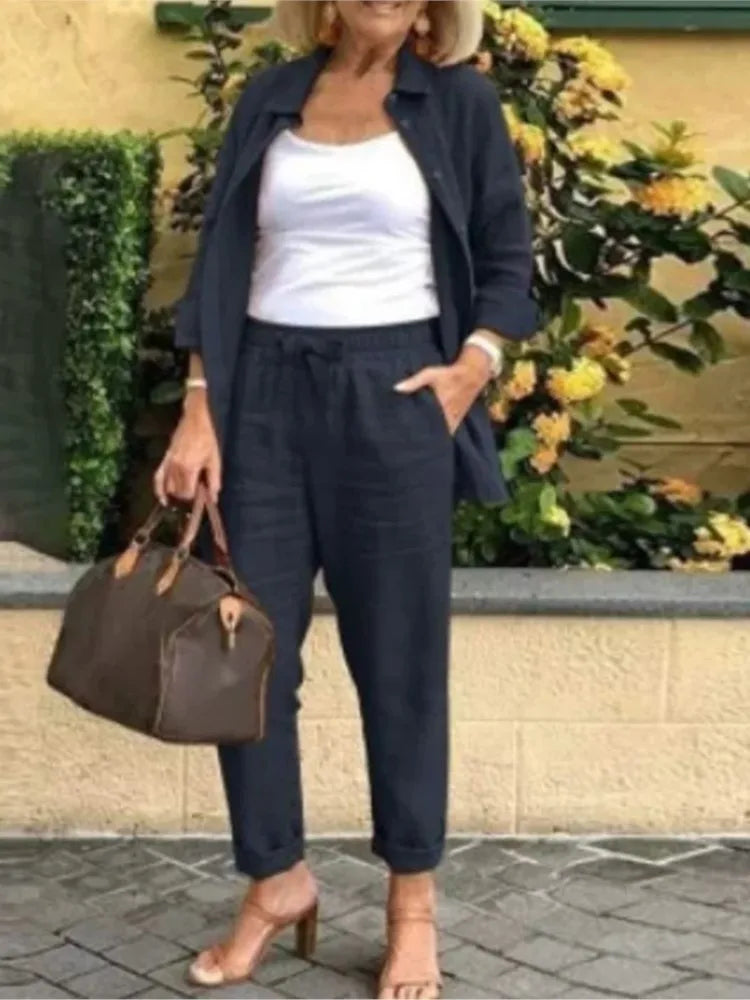 Autumn Spring Casual Suit Women Cotton Linen 2 Piece Set Solid Color Loose Button Shirt + Pants Sets Daily Women's Clothing