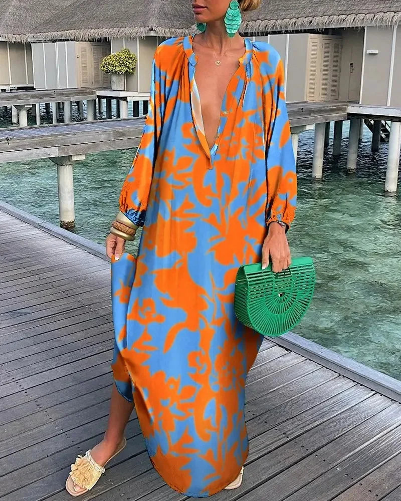 Elegant Women's Dresses 2024 Summer Casual Fashion Print V-Neck Loose Retro Comfortable Maxi Dress Female Robe Vestidos S-3XL